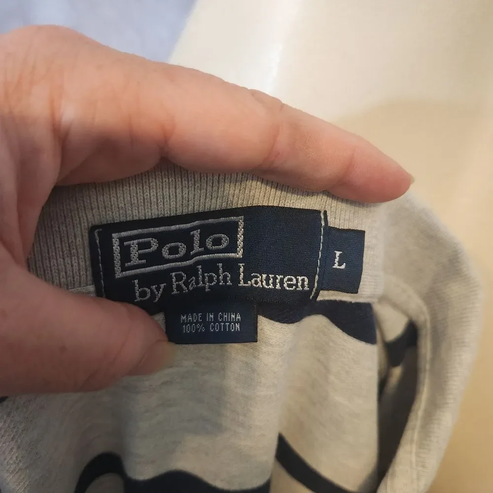 Ralph Lauren Men's Polo Shirt in Gray and Navy Stripes Size Large‎
